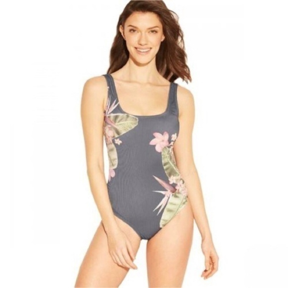 NWOT Gray Tropical Floral Print Ribbed One Piece Swimsuit Open Back New Kona Sol